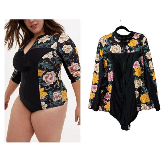 torrid Other - New Torrid 4 (4X 26) Long Sleeve Black One Piece Zip Rash Guard Zip Up Swimsuit